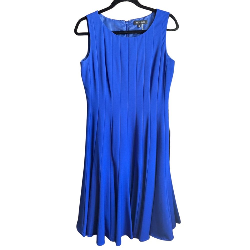 Ellen Tracy Blue Fit & Flare Dress with Vertical Seams, Size 8